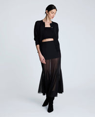 Solid Mesh Pull-On Godet Fit & Flare Maxi Skirt Black