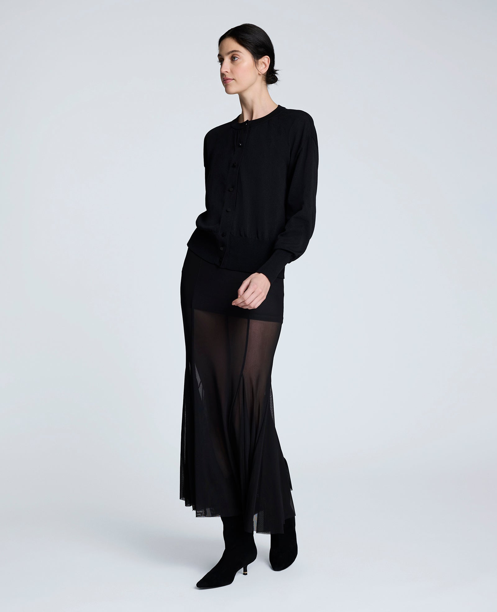 Solid Mesh Pull-On Godet Fit & Flare Maxi Skirt Black