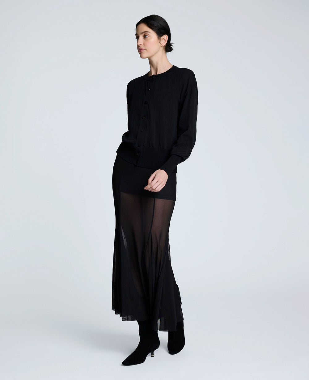 Solid Mesh Pull-On Godet Fit & Flare Maxi Skirt Black