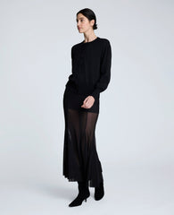 Solid Mesh Pull-On Godet Fit & Flare Maxi Skirt Black