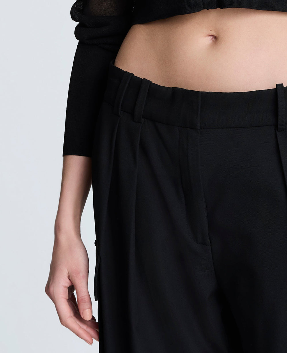 Fly Front Pleated Cargo Pocket Pant Black