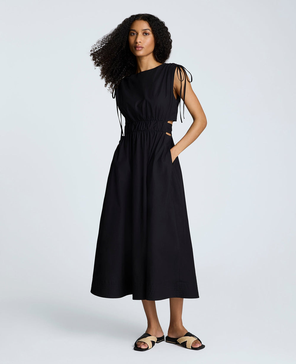 Rouched Waist Midi Dress with Tie Shoulders Black