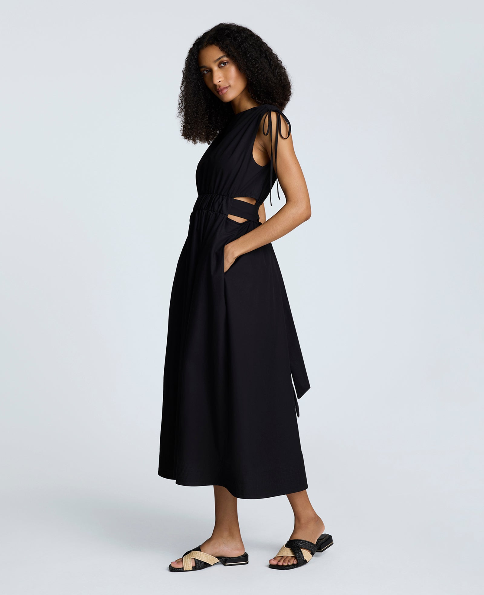 Rouched Waist Midi Dress with Tie Shoulders Black
