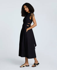 Rouched Waist Midi Dress with Tie Shoulders Black