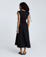 Rouched Waist Midi Dress with Tie Shoulders Black