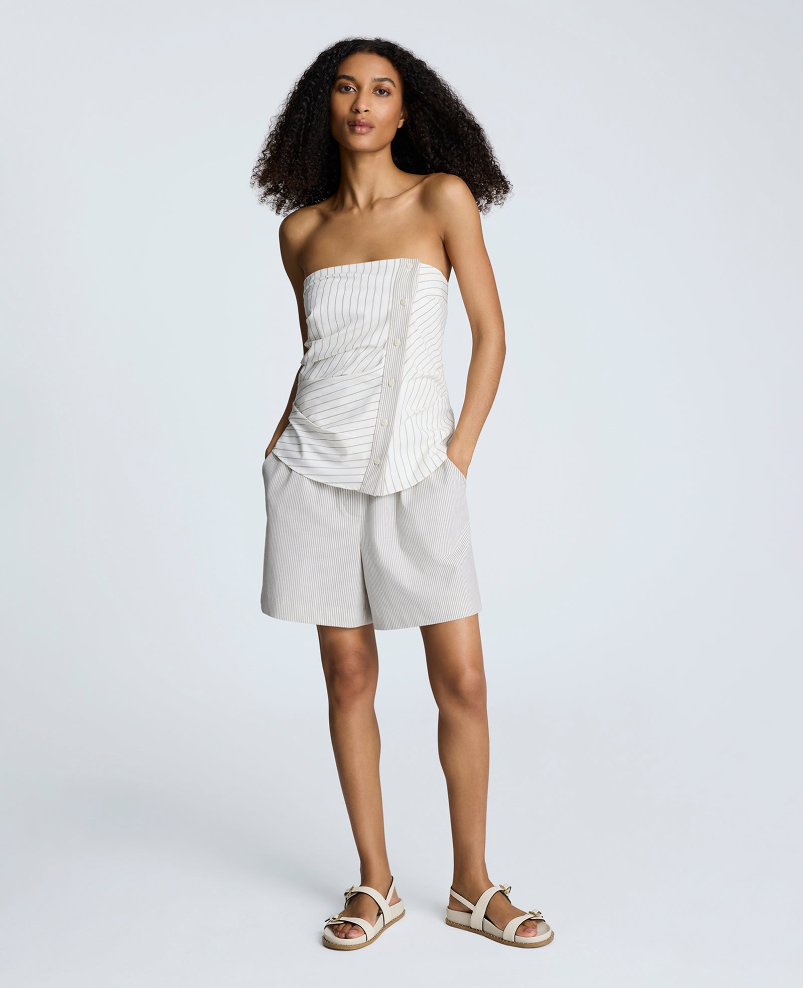Cotton Stripe Strapless Rouched Fitted Bustier Top Pure White/Beige Bronz
