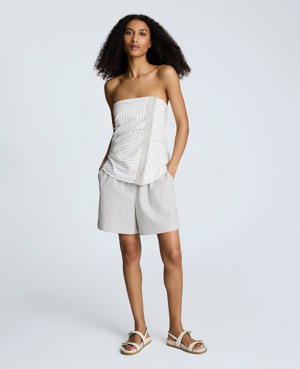 Cotton Stripe Strapless Rouched Fitted Bustier Top Pure White/Beige Bronz