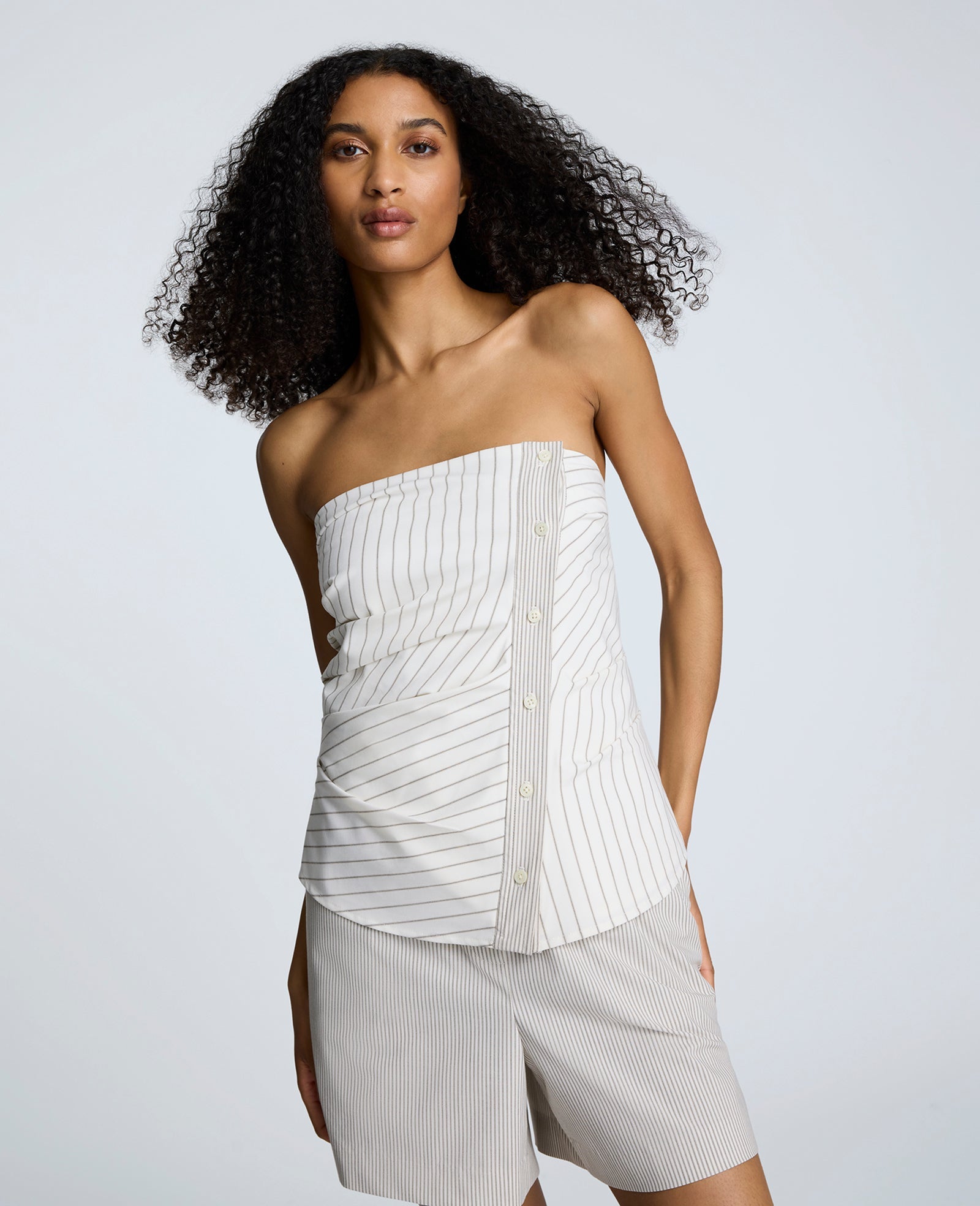 Cotton Stripe Strapless Rouched Fitted Bustier Top Pure White/Beige Bronz