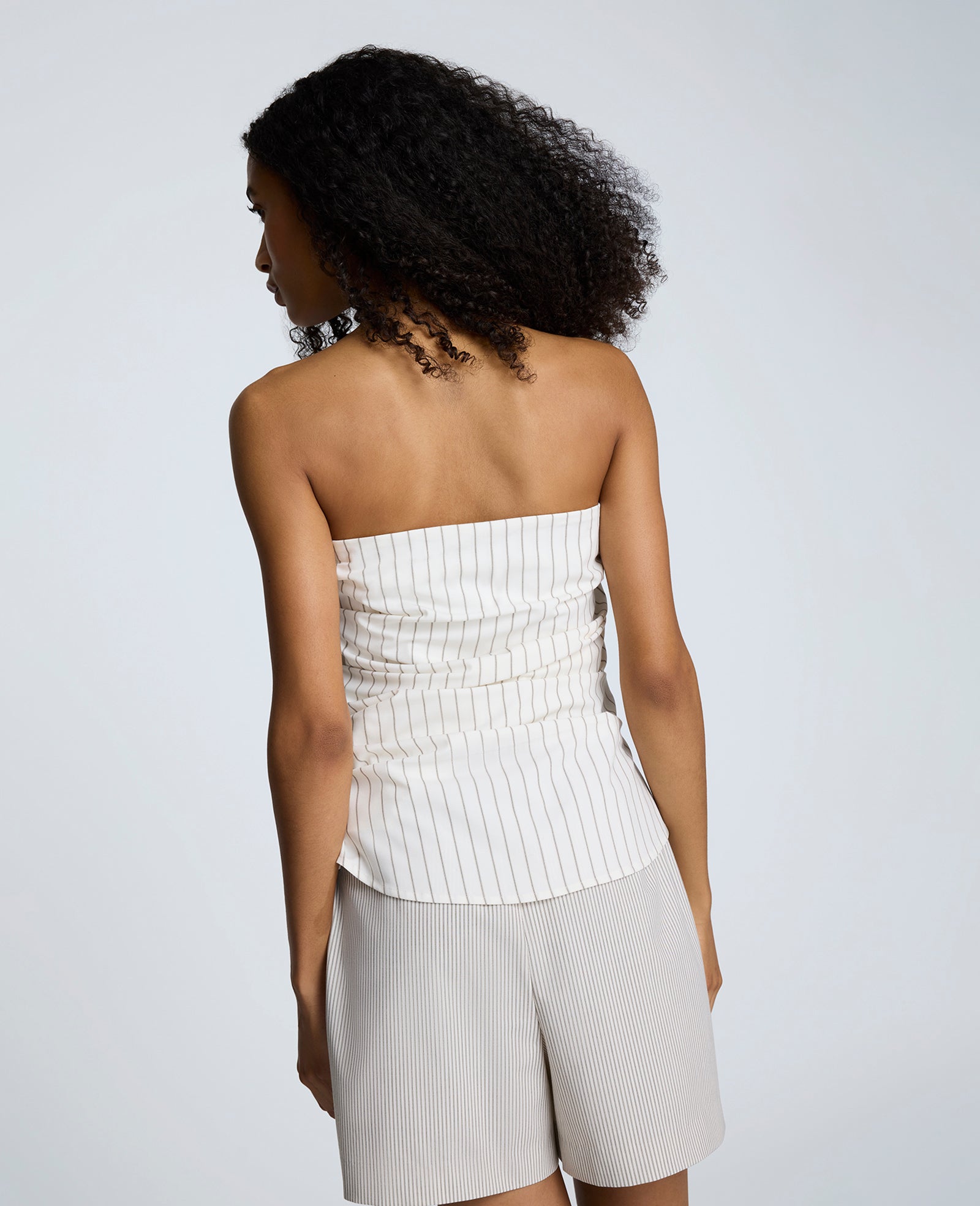 Cotton Stripe Strapless Rouched Fitted Bustier Top Pure White/Beige Bronz