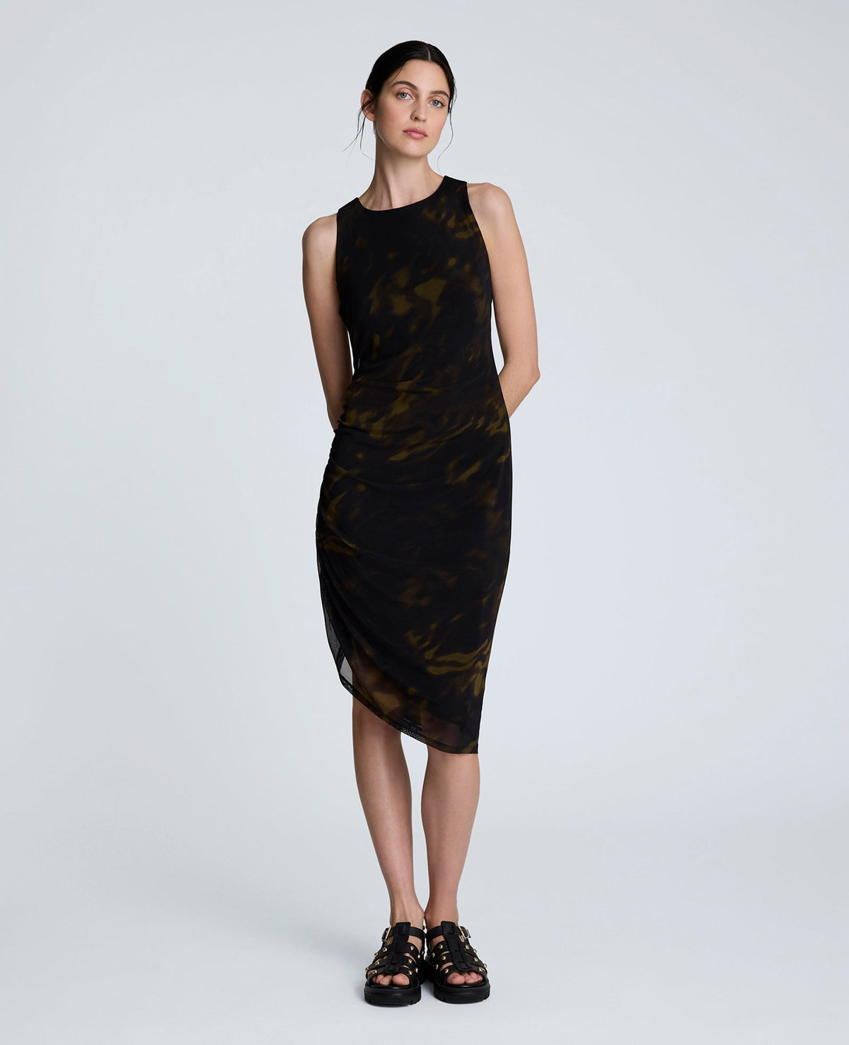 Sandra Side Ruched Asymmetrical Mesh Tank Dress Black Multi