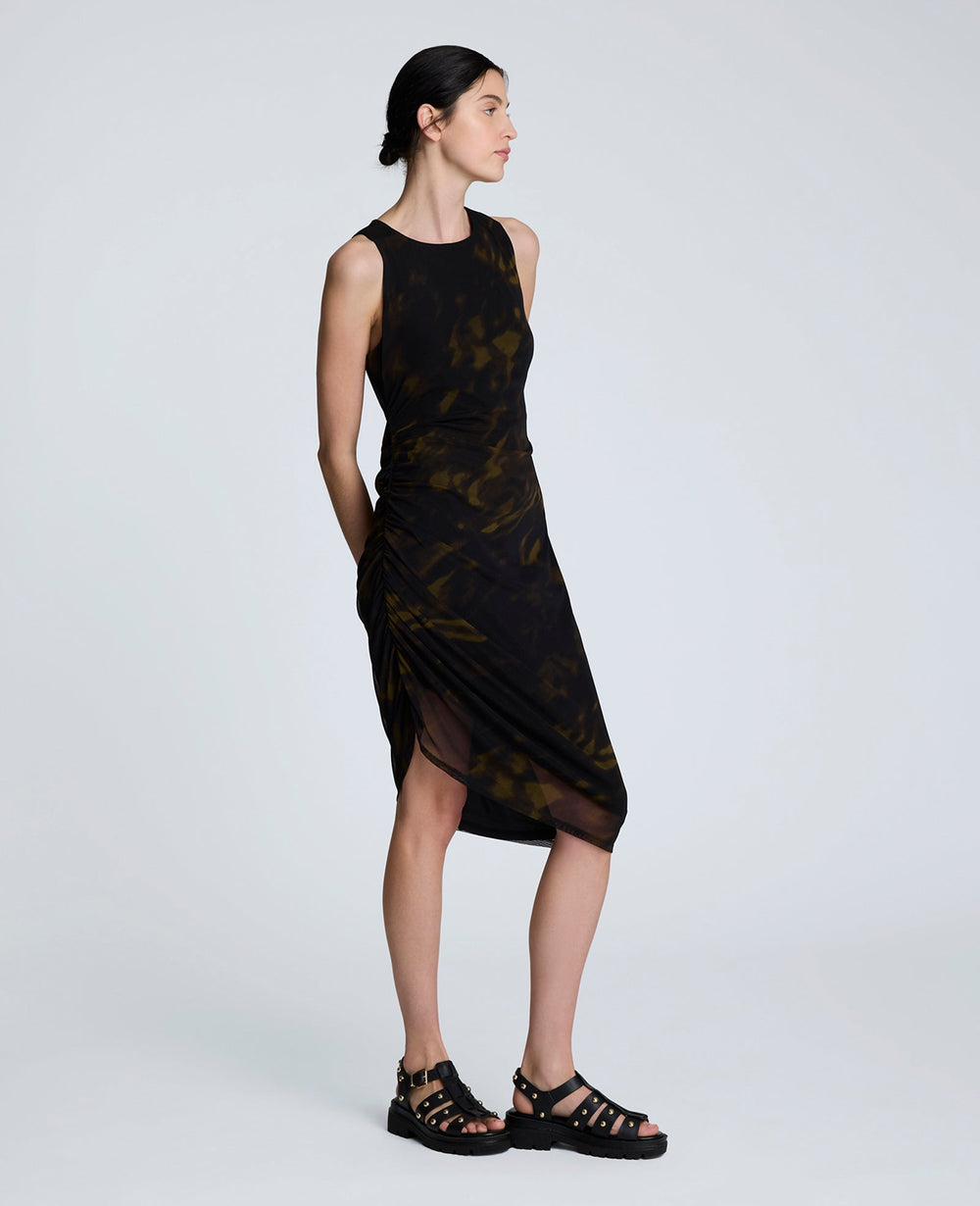 Sandra Side Ruched Asymmetrical Mesh Tank Dress Black Multi