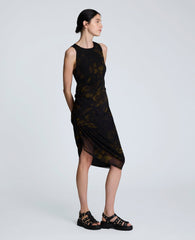 Sandra Side Ruched Asymmetrical Mesh Tank Dress Black Multi