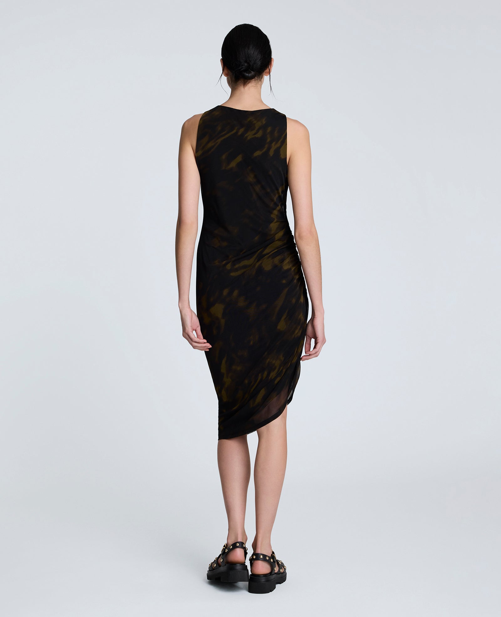Sandra Side Ruched Asymmetrical Mesh Tank Dress Black Multi