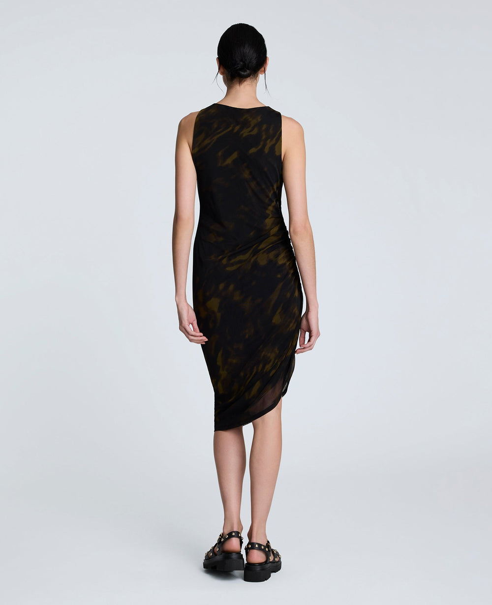 Sandra Side Ruched Asymmetrical Mesh Tank Dress Black Multi