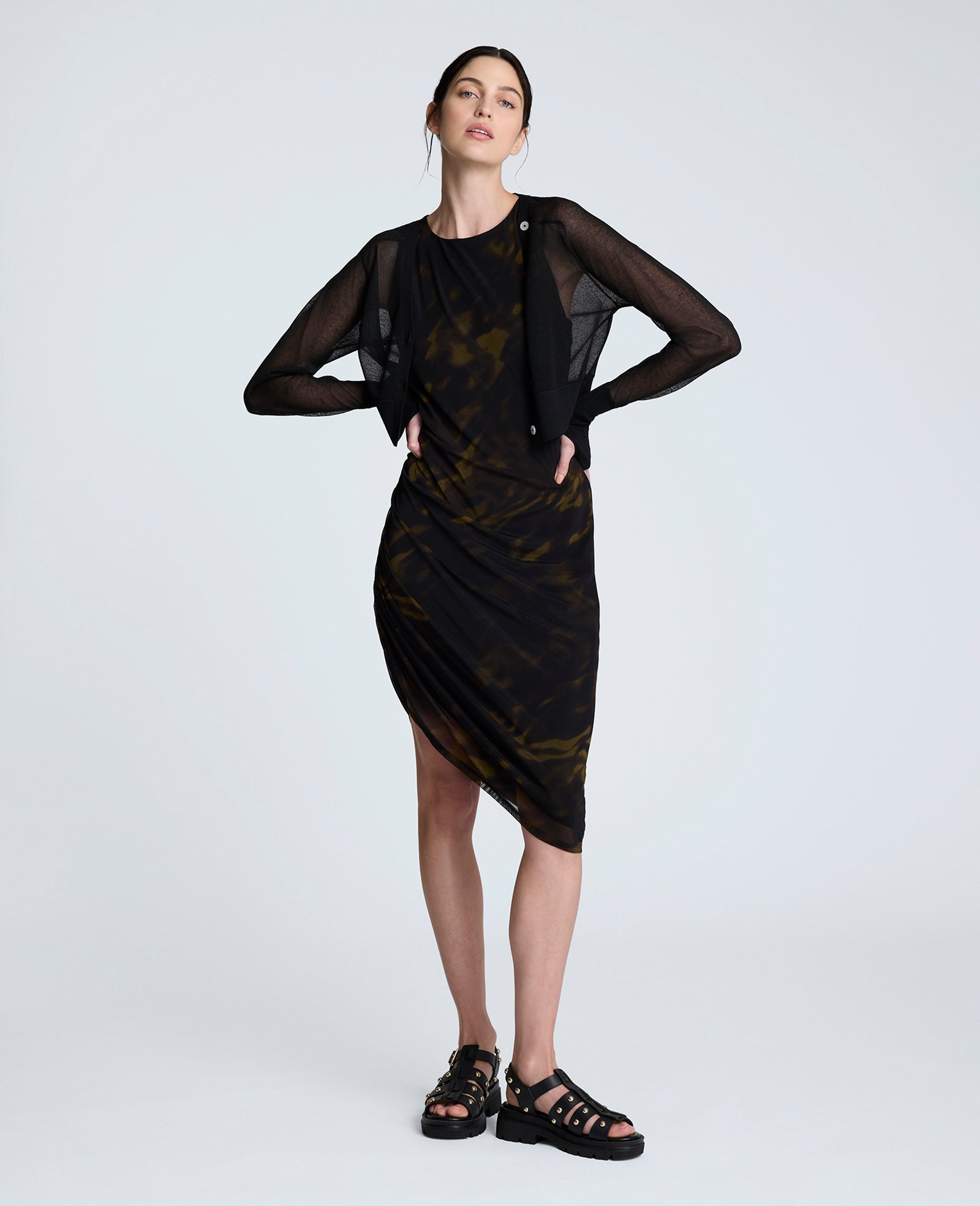 Sandra Side Ruched Asymmetrical Mesh Tank Dress Black Multi