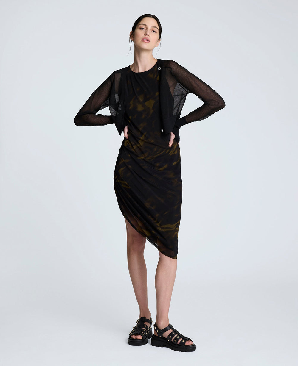 Sandra Side Ruched Asymmetrical Mesh Tank Dress Black Multi