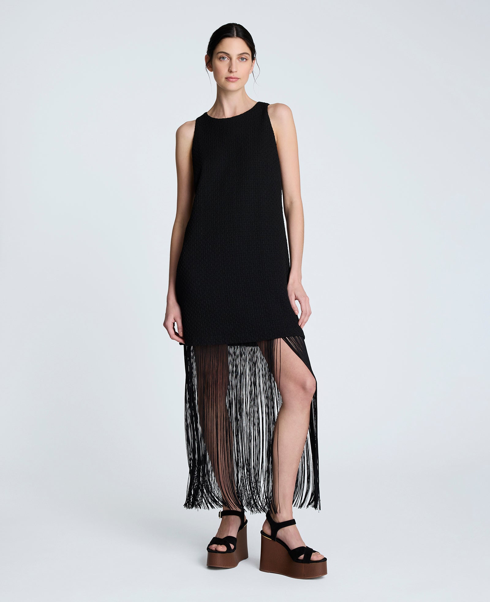 Shift Knit Dress with Fringe Hem Detail Black