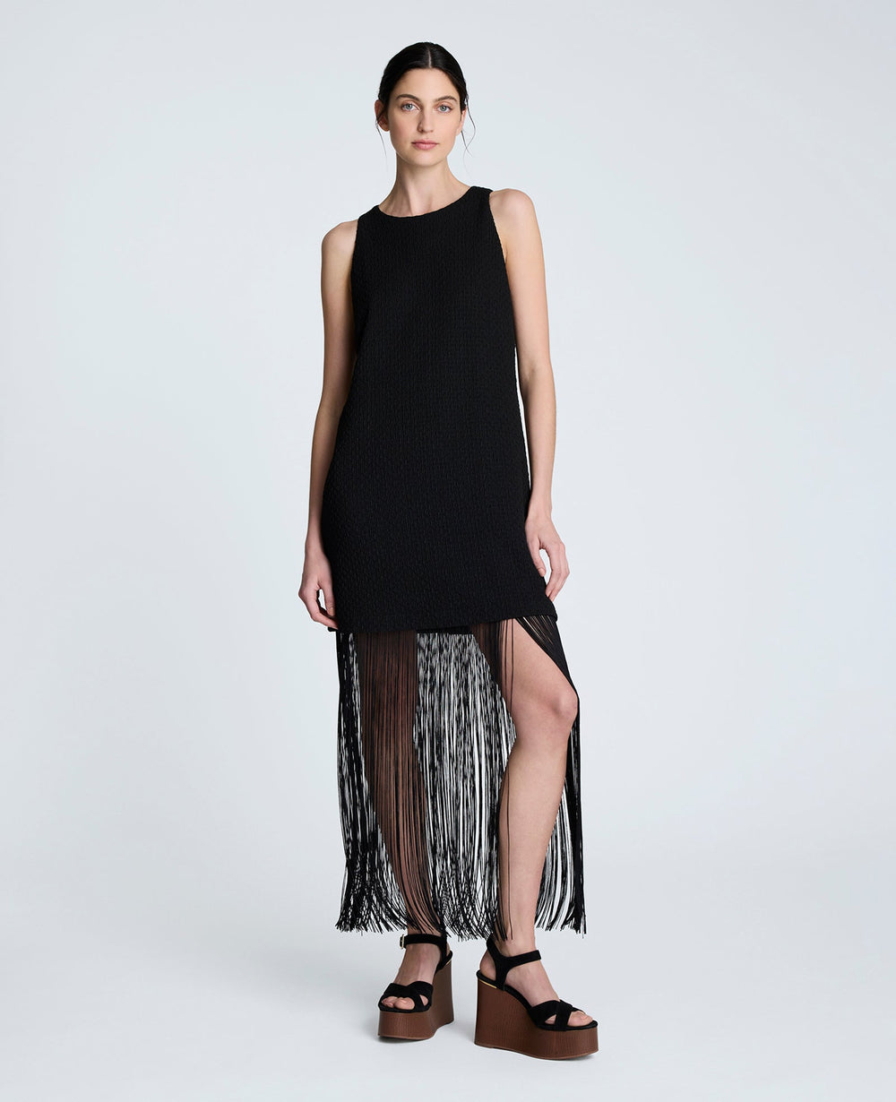 Shift Knit Dress with Fringe Hem Detail Black