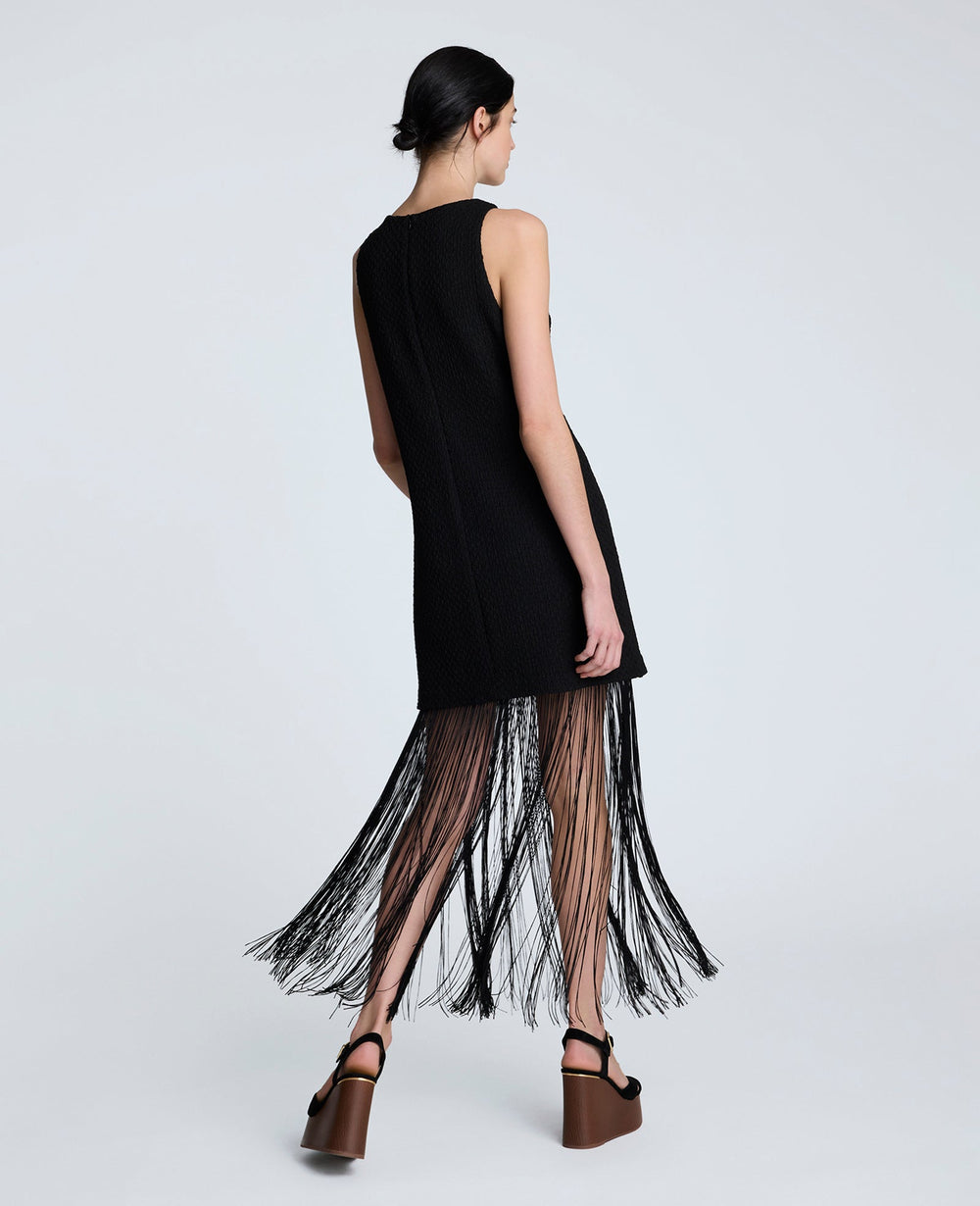 Shift Knit Dress with Fringe Hem Detail Black