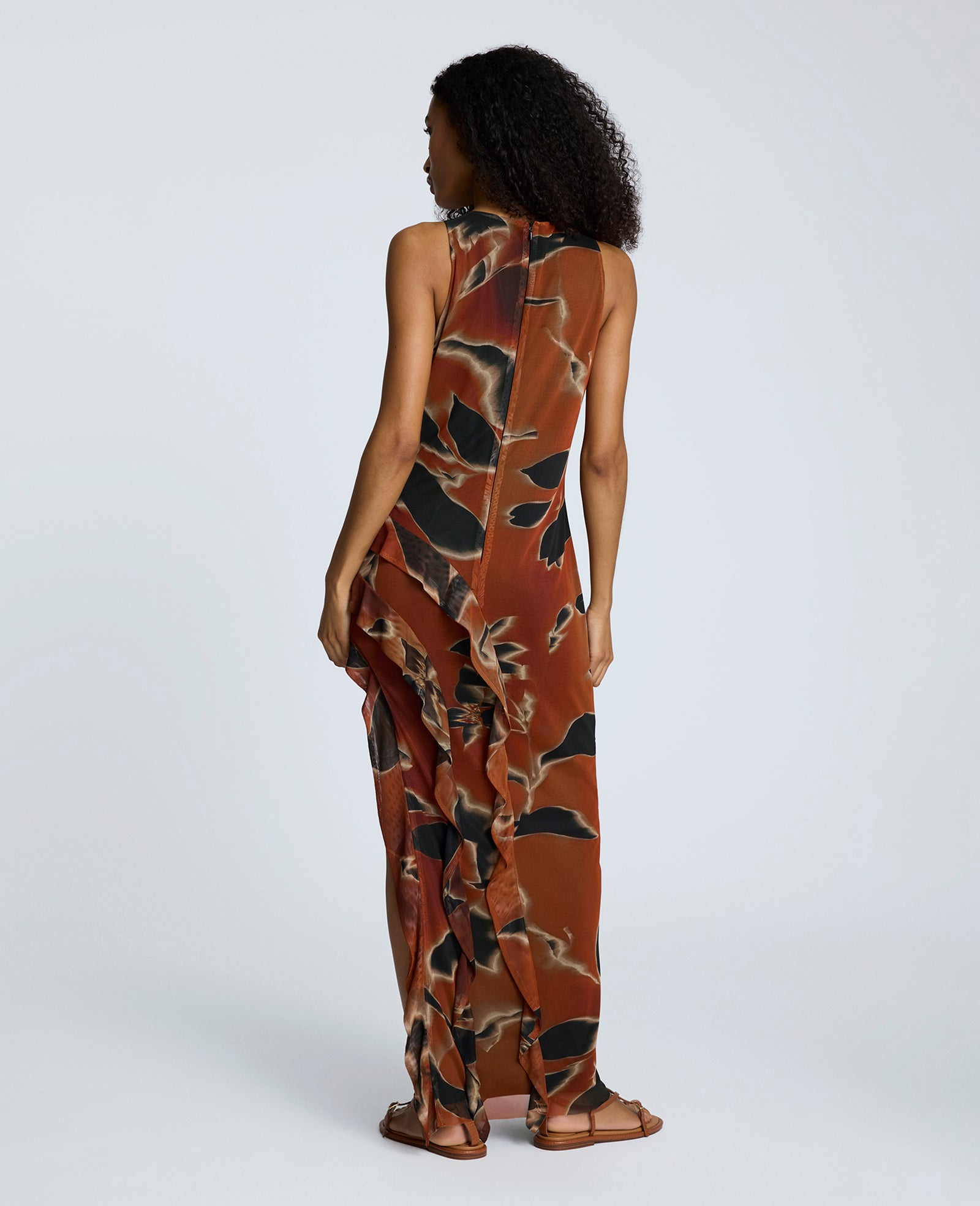 Printed Mesh Ruffle Slit Maxi Dress Russet Multi