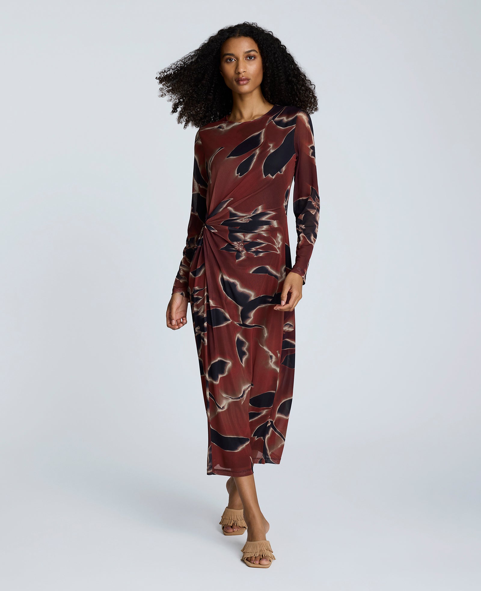Printed Mesh Knot Front Long Sleeve Maxi Dress Russet Multi