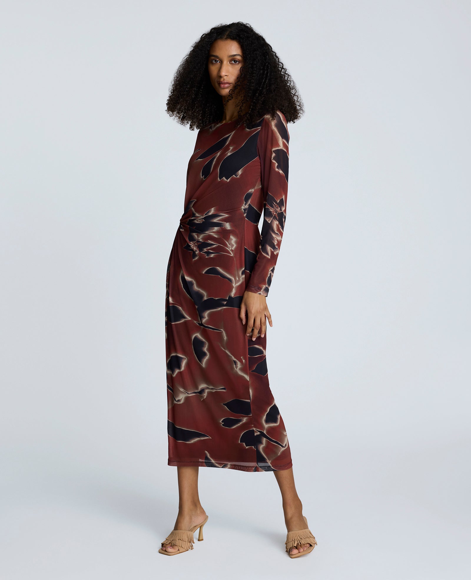 Printed Mesh Knot Front Long Sleeve Maxi Dress Russet Multi