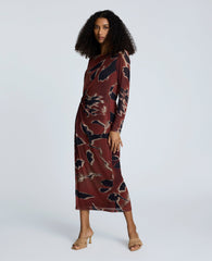 Printed Mesh Knot Front Long Sleeve Maxi Dress Russet Multi