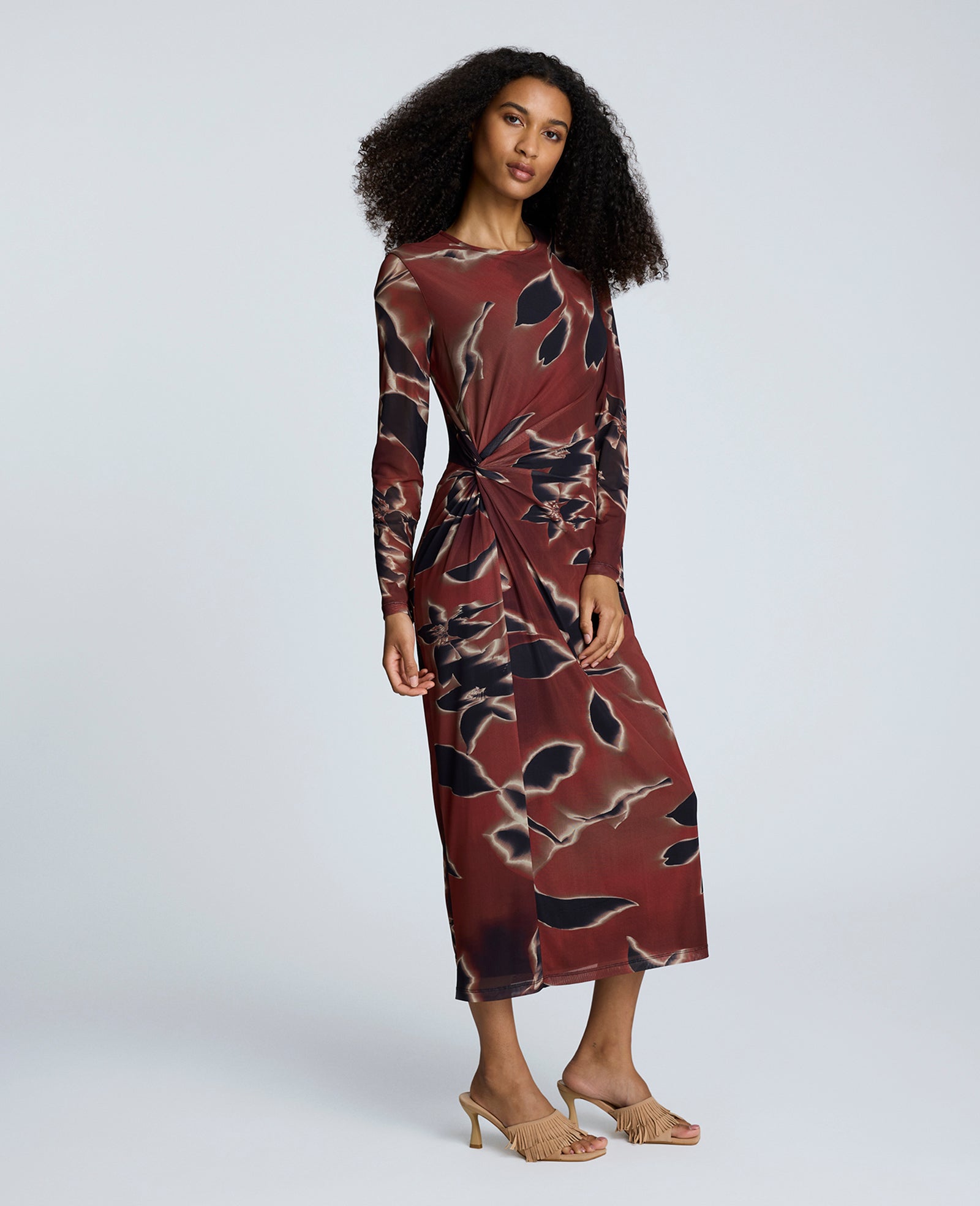 Printed Mesh Knot Front Long Sleeve Maxi Dress Russet Multi