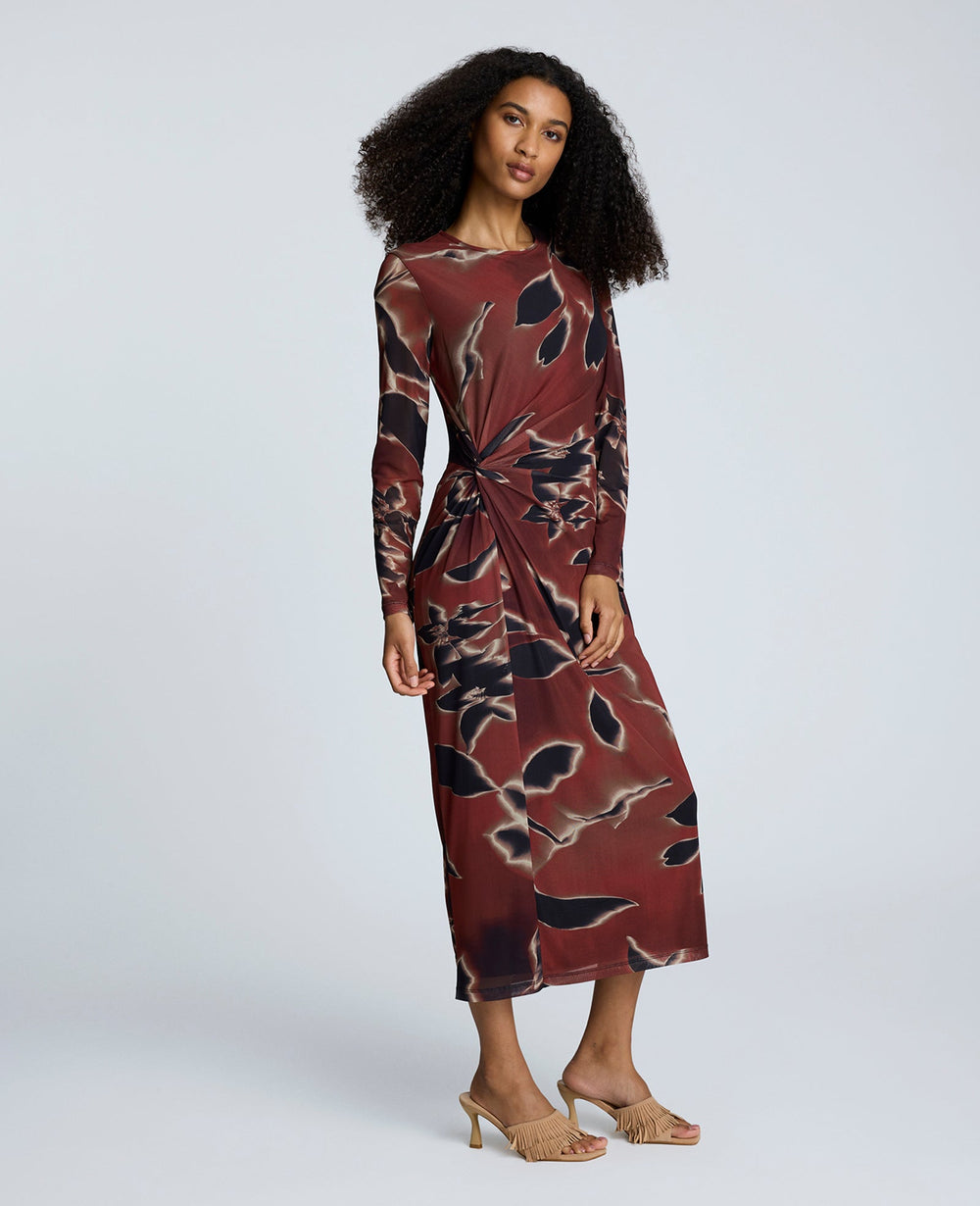 Printed Mesh Knot Front Long Sleeve Maxi Dress Russet Multi