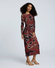 Printed Mesh Knot Front Long Sleeve Maxi Dress Russet Multi