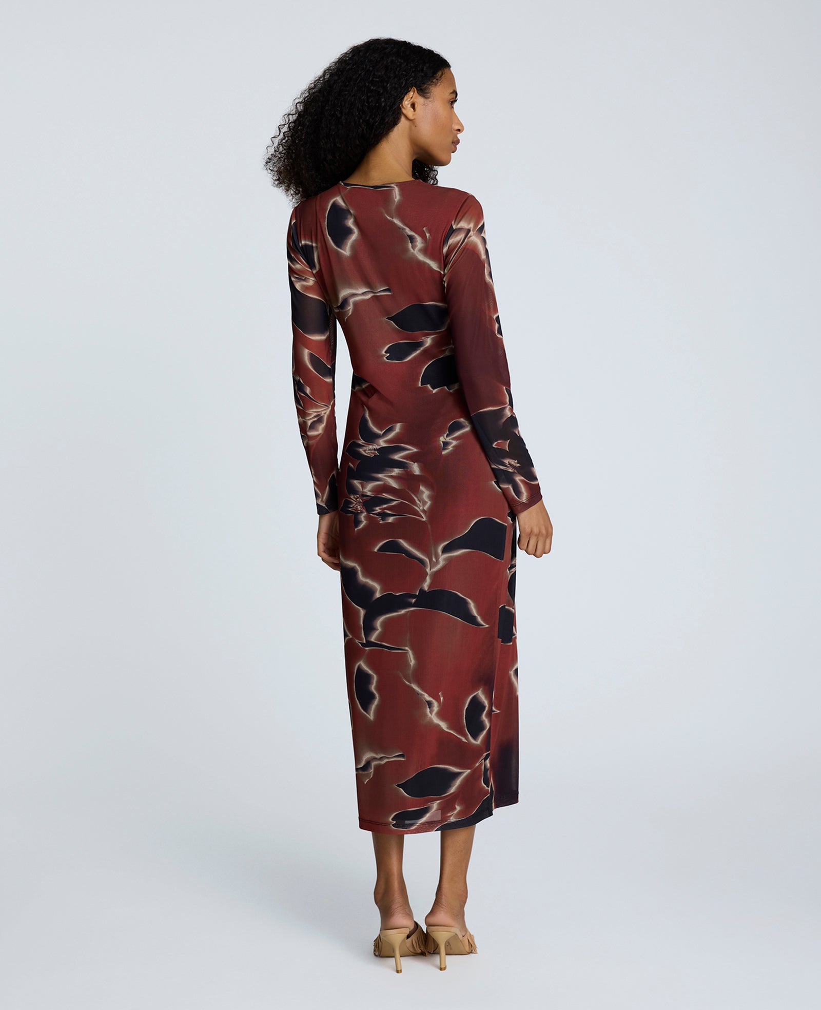 Printed Mesh Knot Front Long Sleeve Maxi Dress Russet Multi