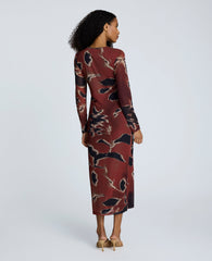 Printed Mesh Knot Front Long Sleeve Maxi Dress Russet Multi