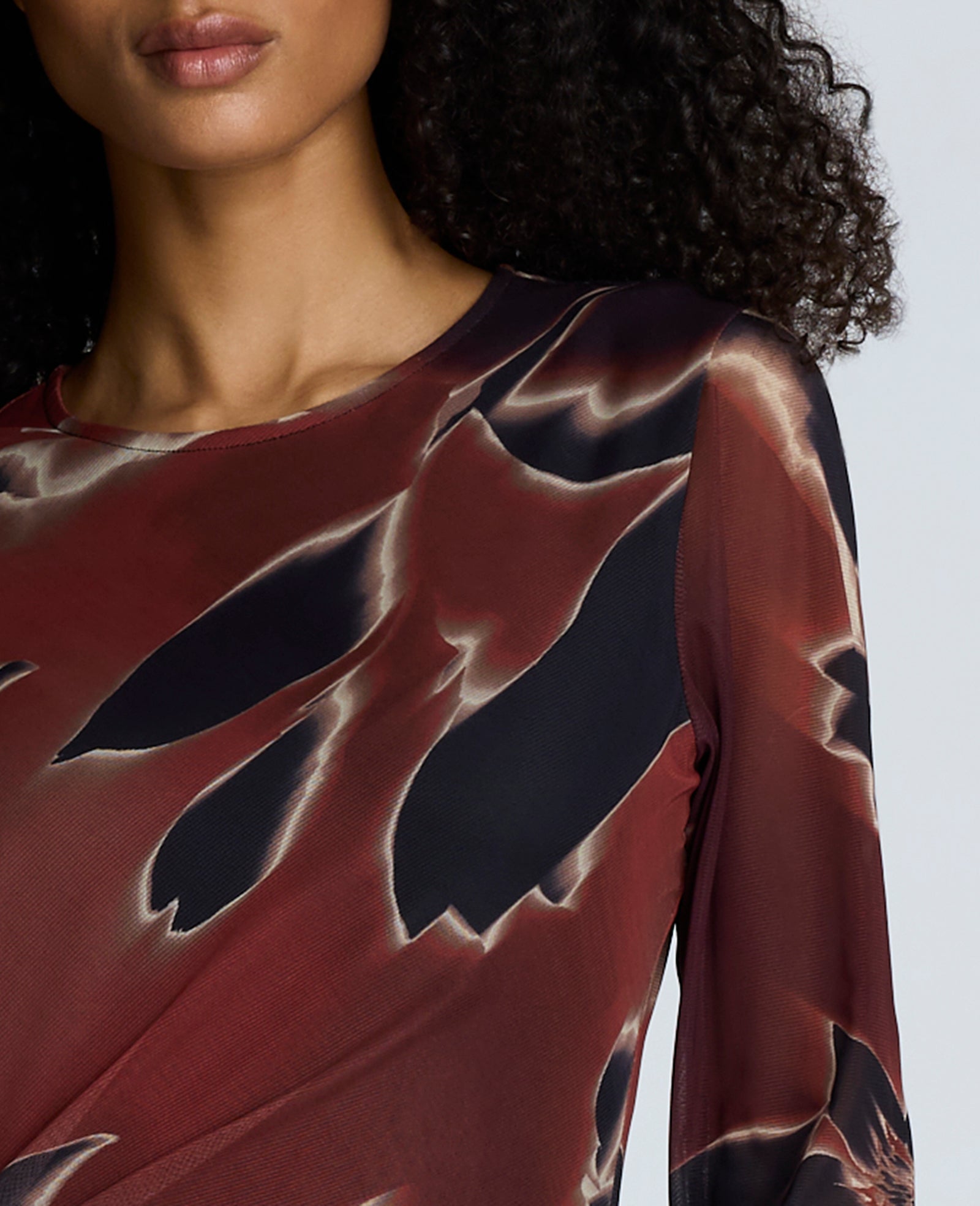 Printed Mesh Knot Front Long Sleeve Maxi Dress Russet Multi