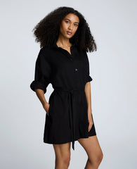 Long Sleeve Button Front Easy Fit Denim Romper Nik Wash