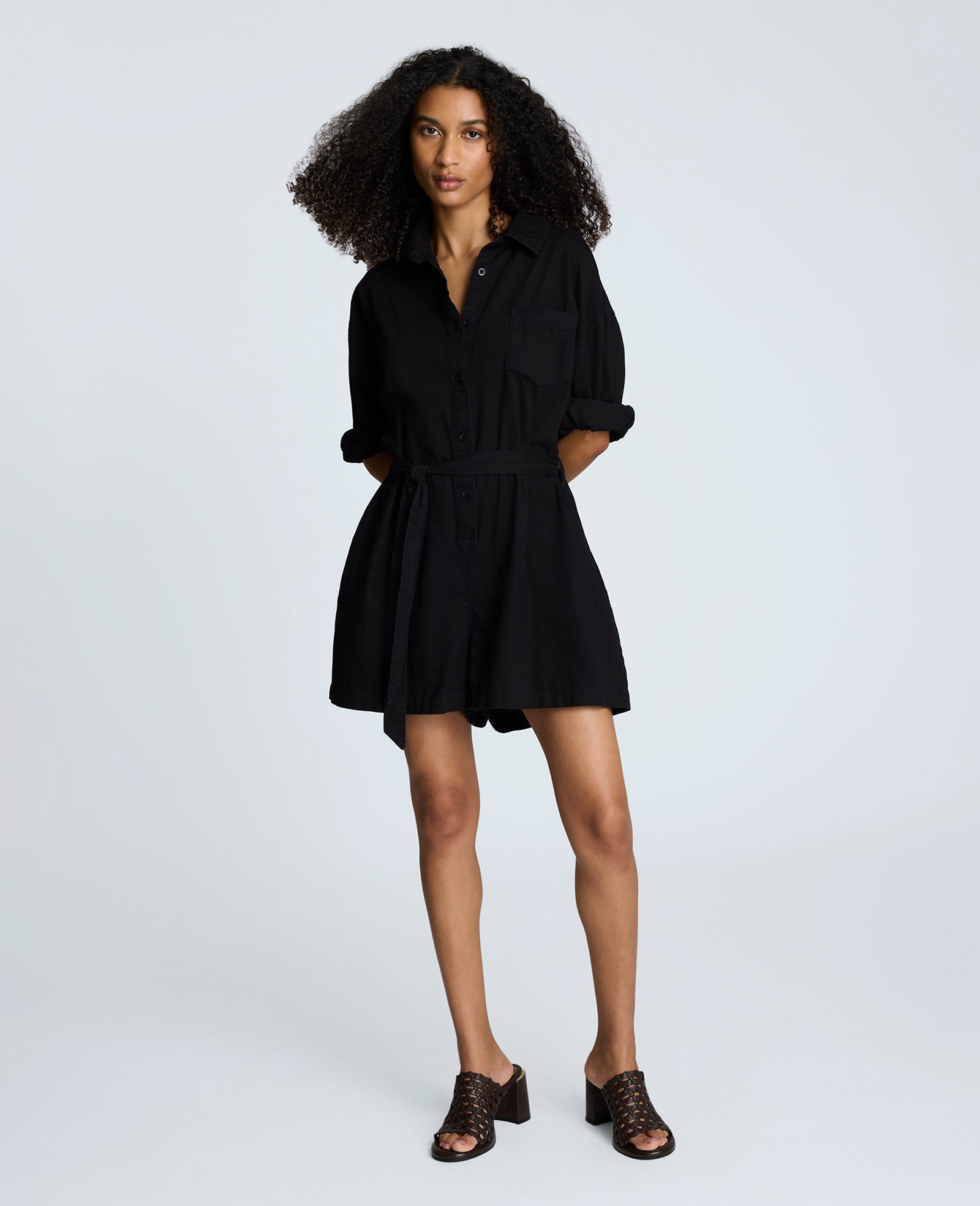 Long Sleeve Button Front Easy Fit Denim Romper Nik Wash