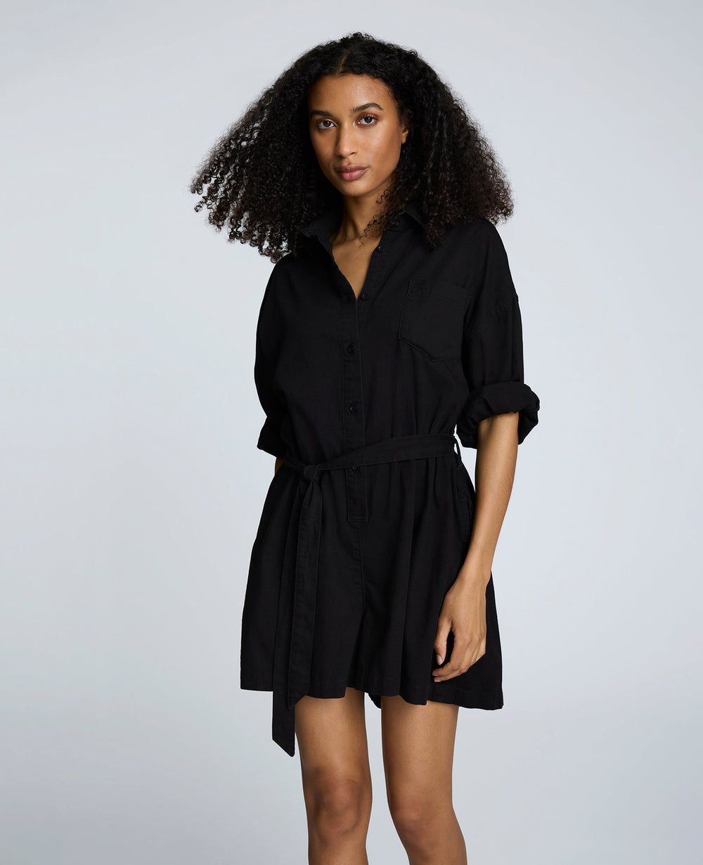 Long Sleeve Button Front Easy Fit Denim Romper Nik Wash