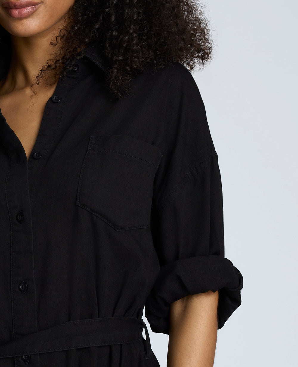Long Sleeve Button Front Easy Fit Denim Romper Nik Wash
