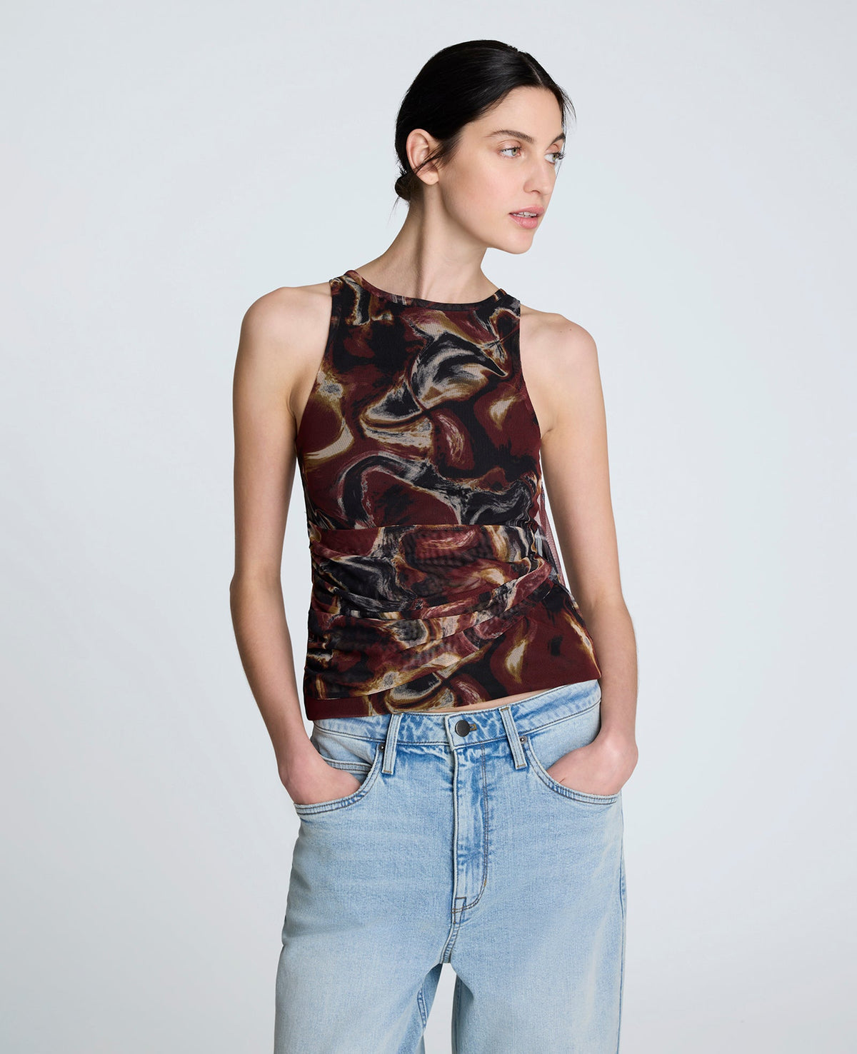 Printed Mesh Side Tied Tank Top Burgundy Spice Multi