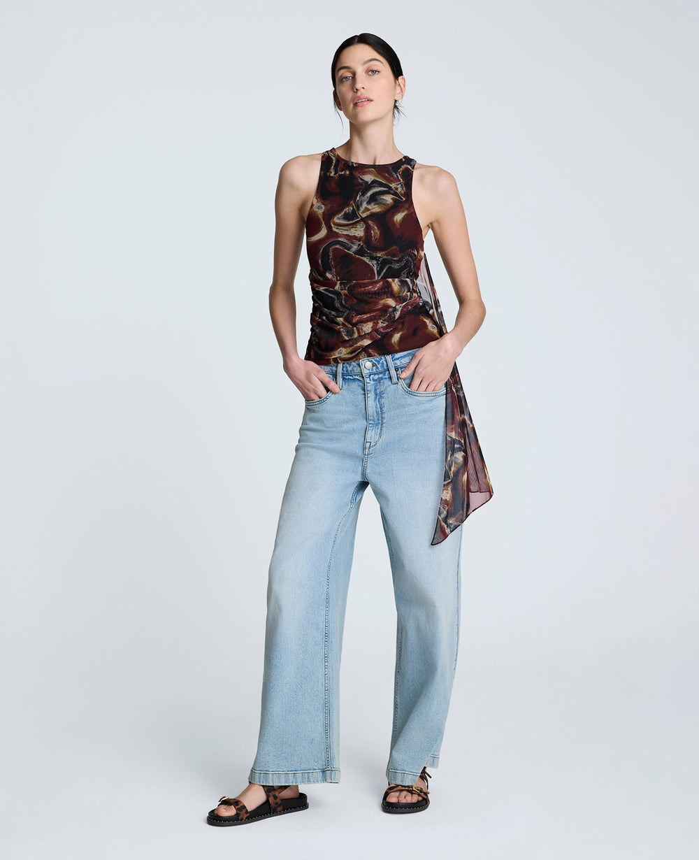 Printed Mesh Side Tied Tank Top Burgundy Spice Multi
