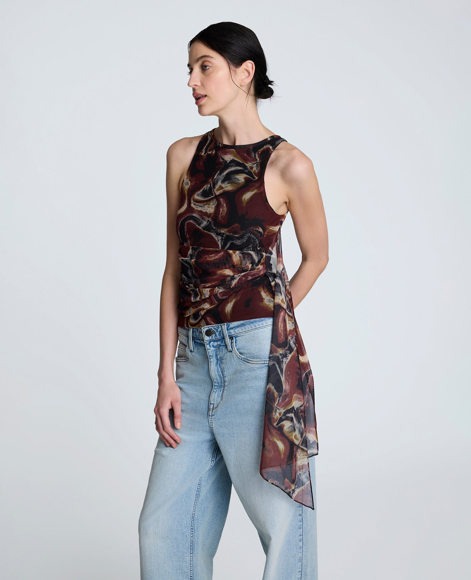 Printed Mesh Side Tied Tank Top Burgundy Spice Multi
