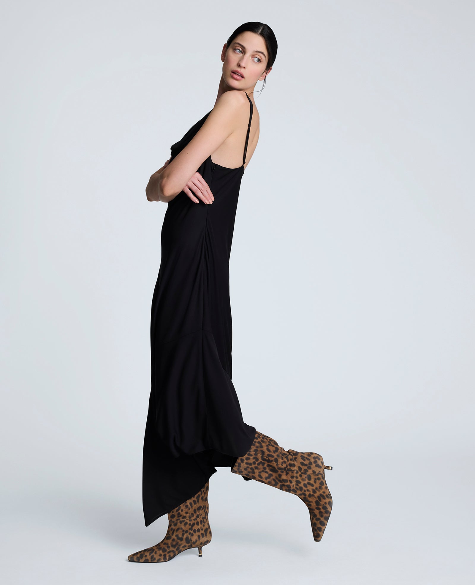 Asymmetrical Hem Cowl Neck Dress Black