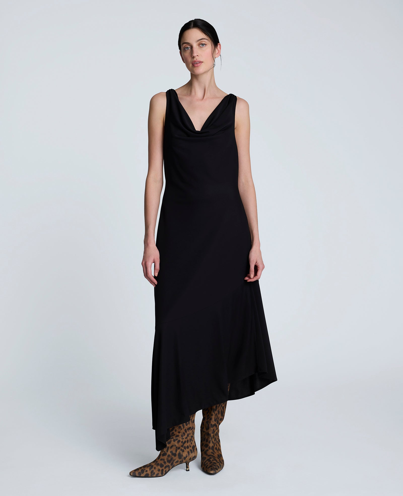 Asymmetrical Hem Cowl Neck Dress Black