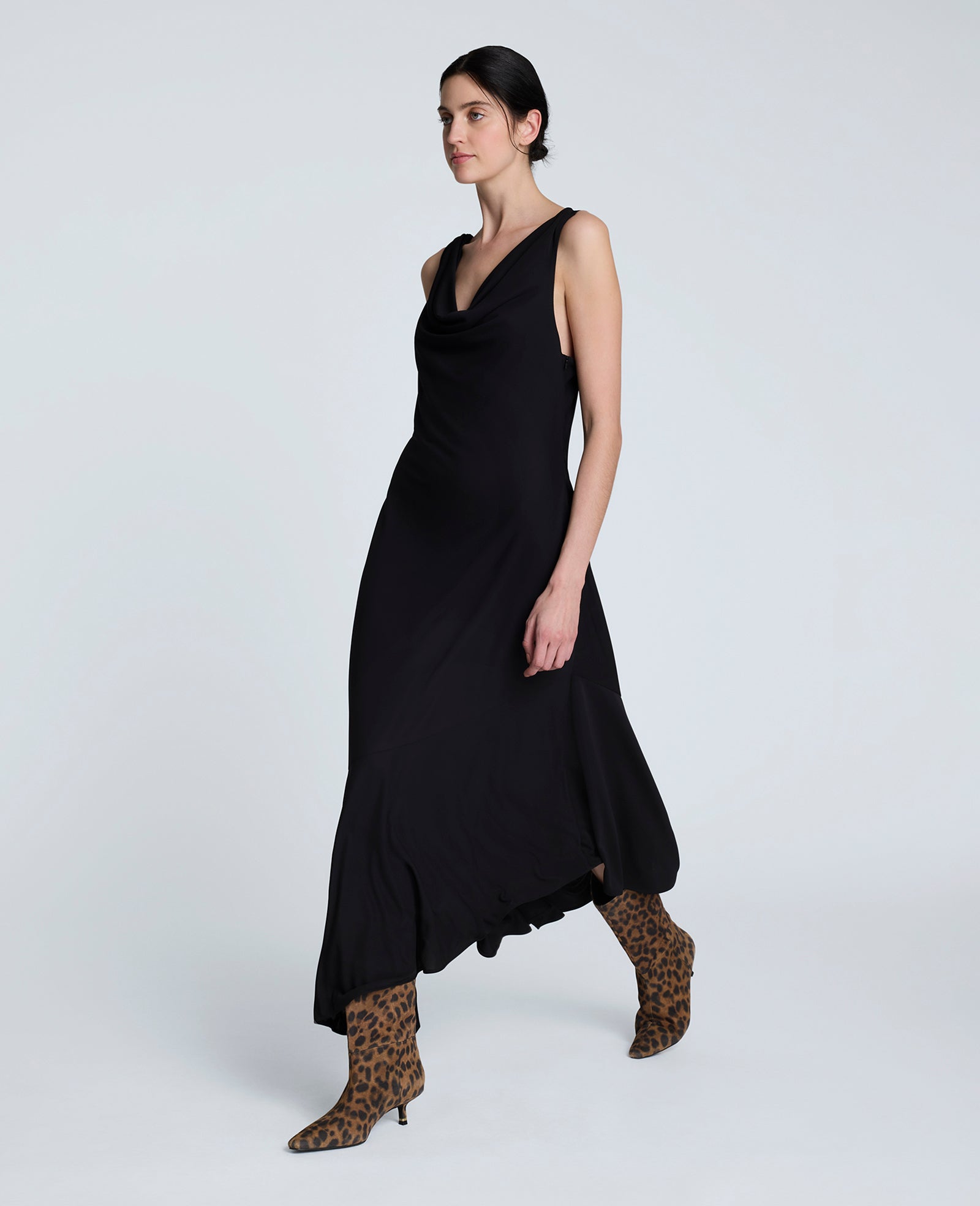 Asymmetrical Hem Cowl Neck Dress Black