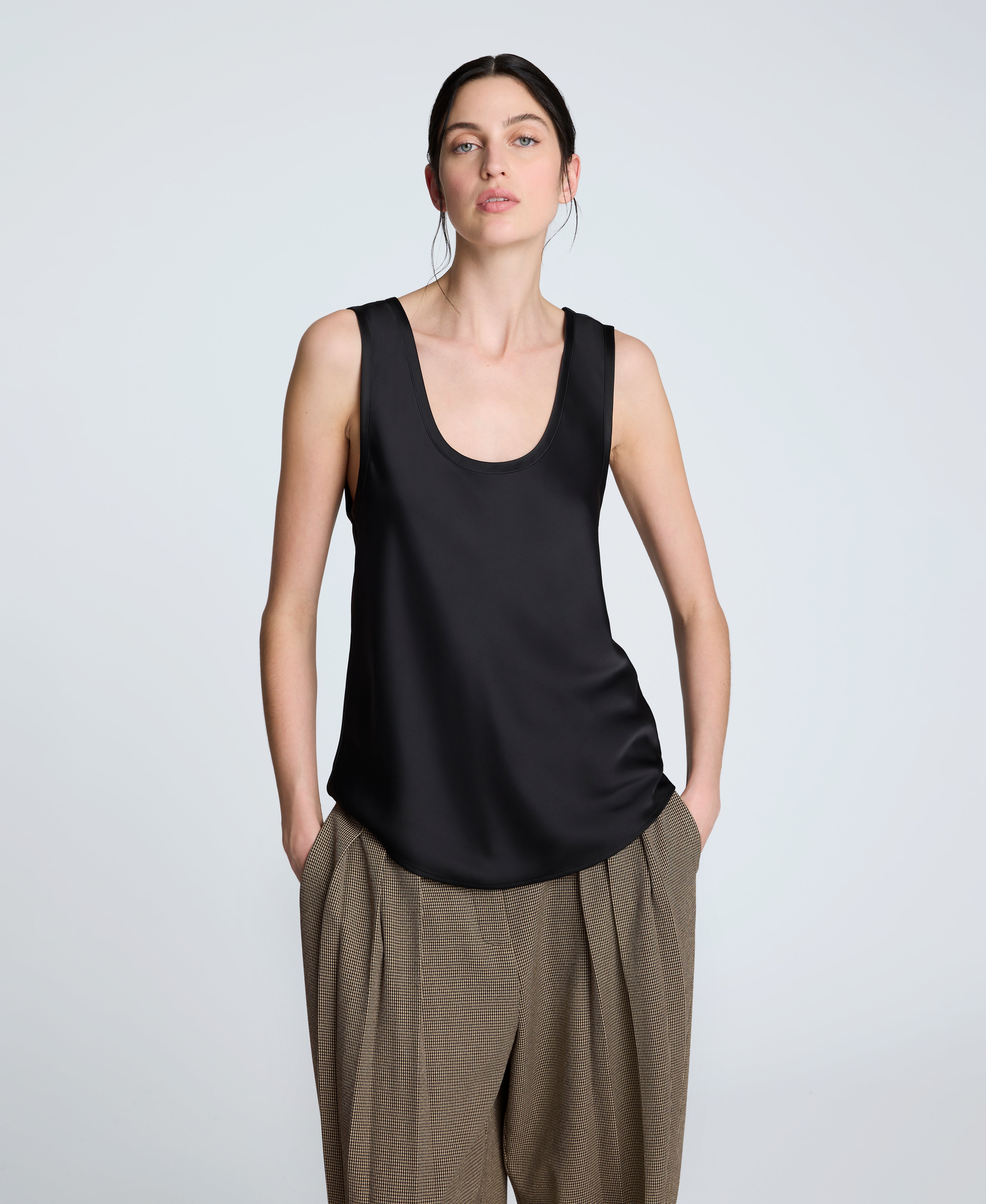 Satin Scoop Neck Tank Black