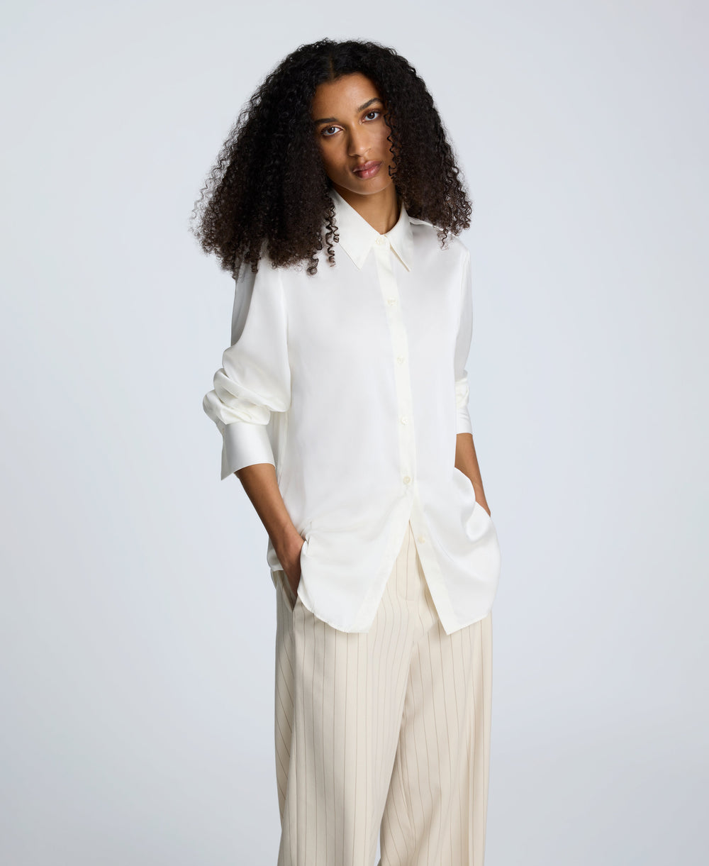 Satin Button Front Blouse Oyster