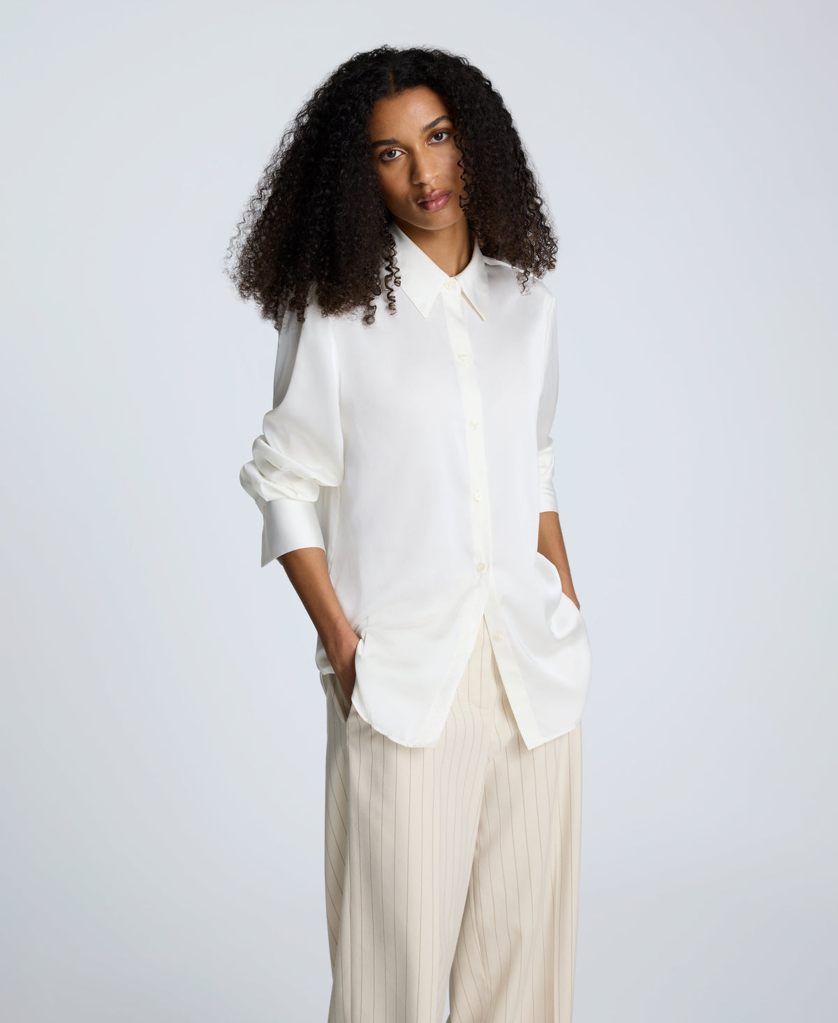 Satin Button Front Blouse Oyster