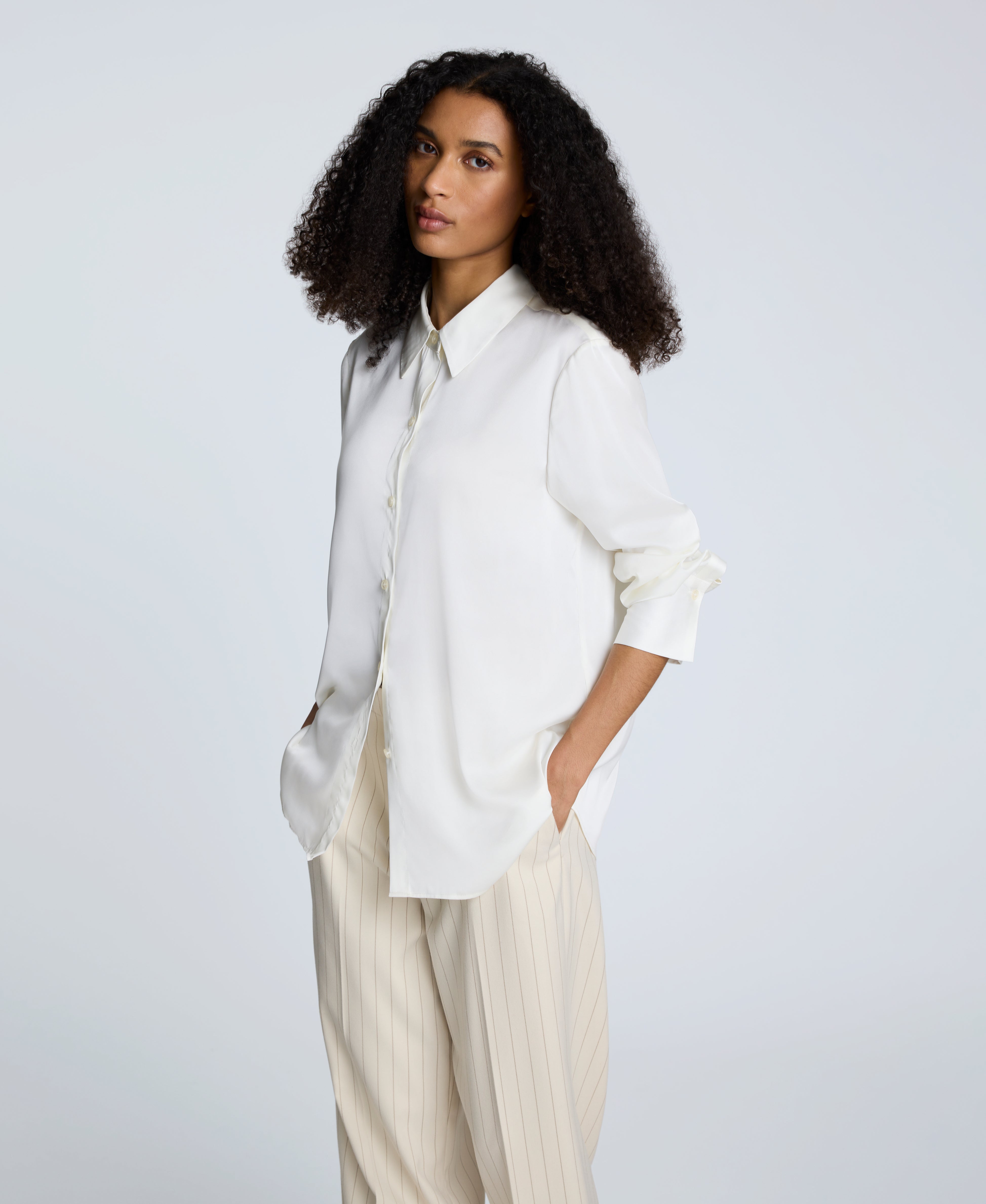 Satin Button Front Blouse Oyster
