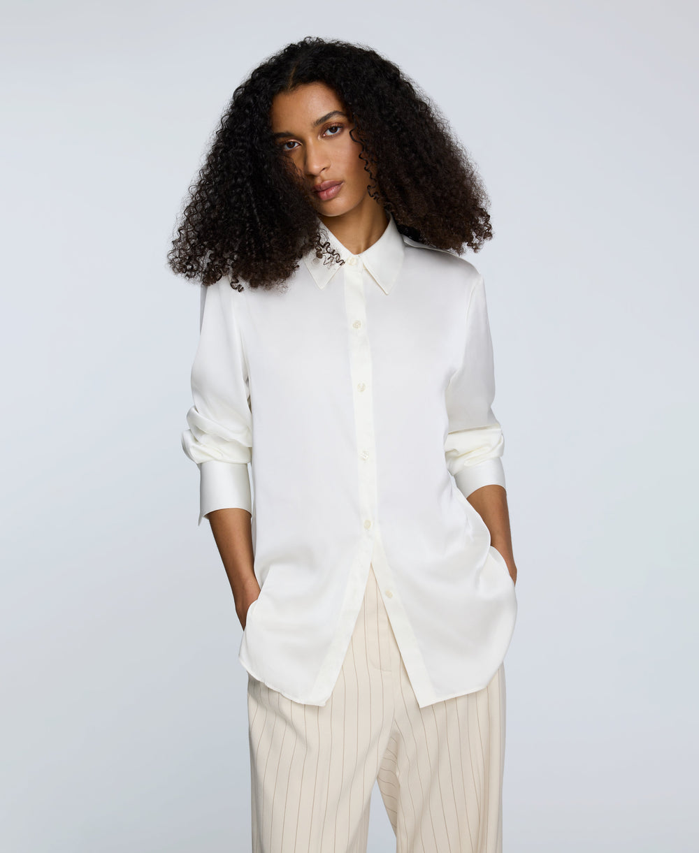 Satin Button Front Blouse Oyster