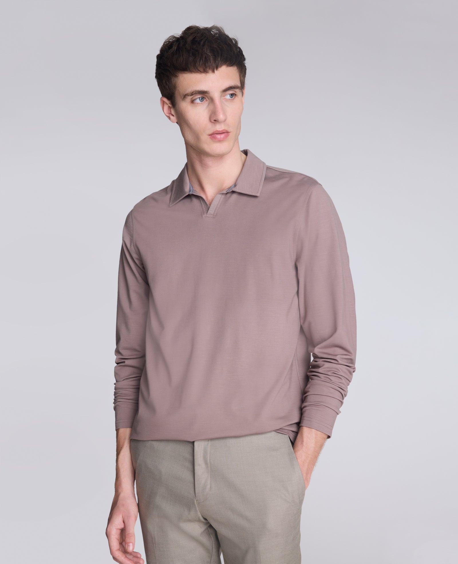Performance Long Sleeve Johnny Collar Polo Brown