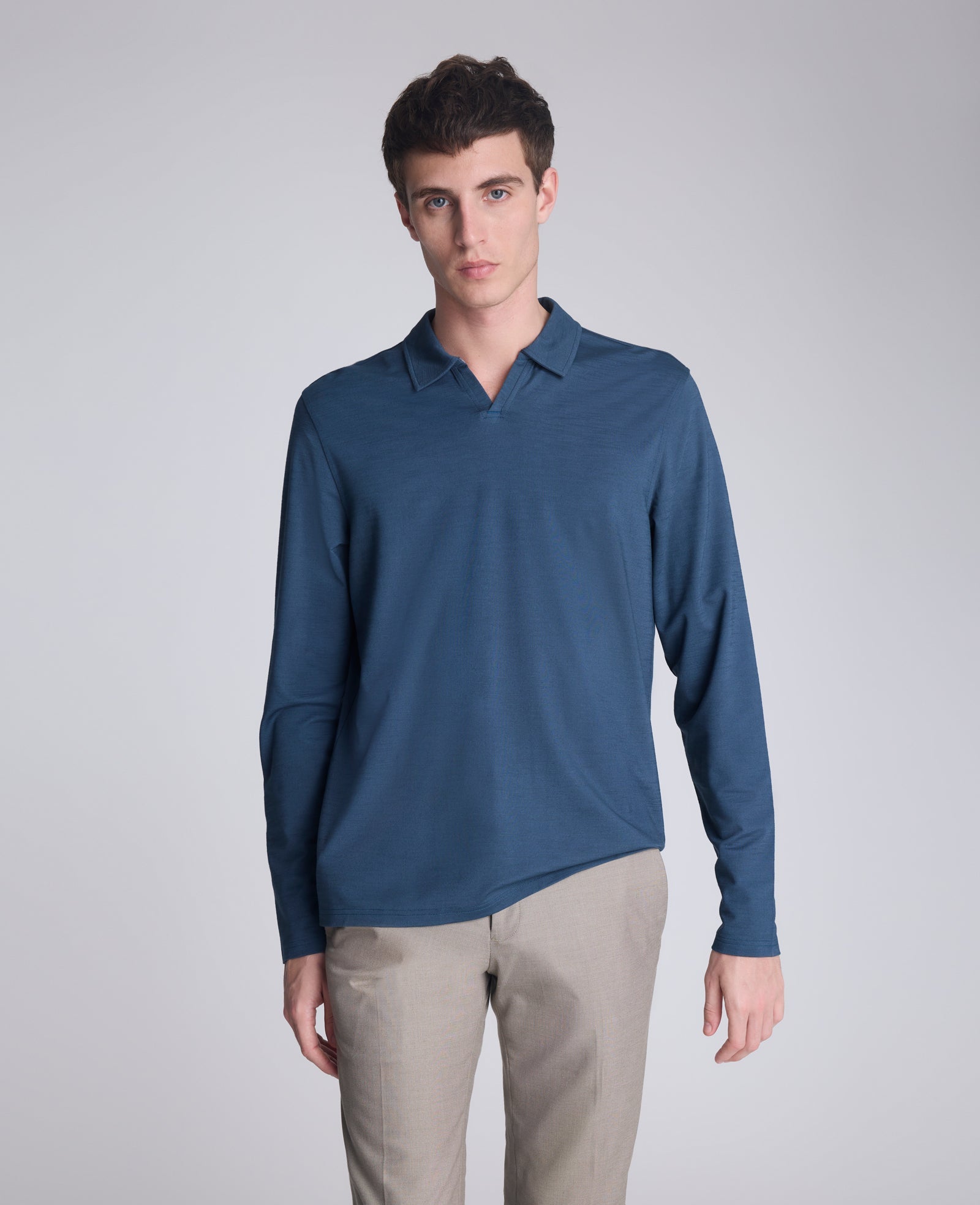 Performance Long Sleeve Johnny Collar Polo Medium Blue